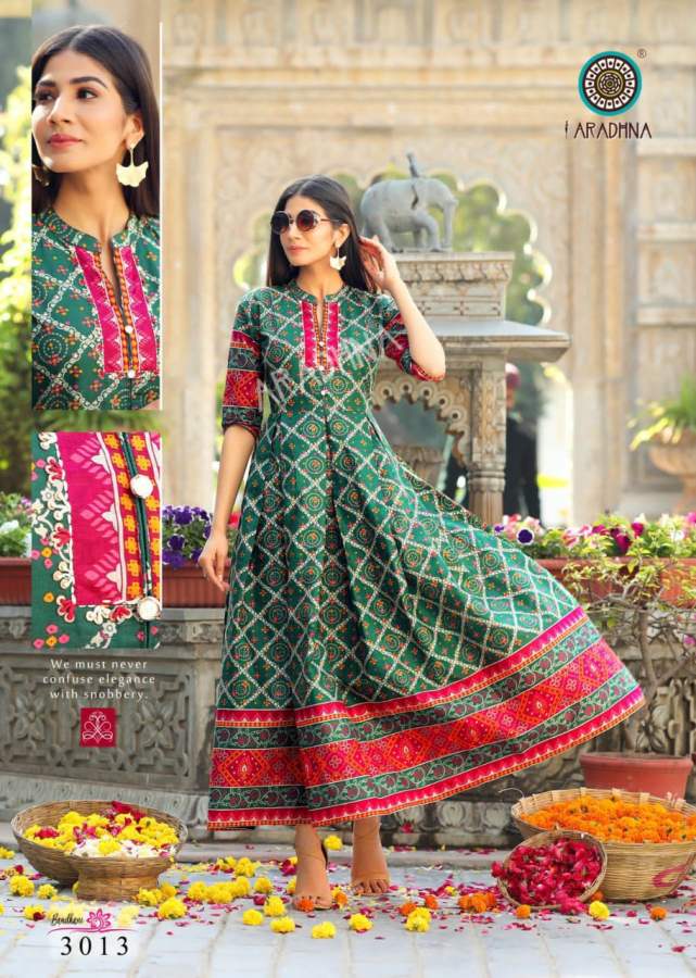 Aradhna Bandhani 3 Heavy Cotton Festive Wear Cotton Anarkali Long Kurti Collection